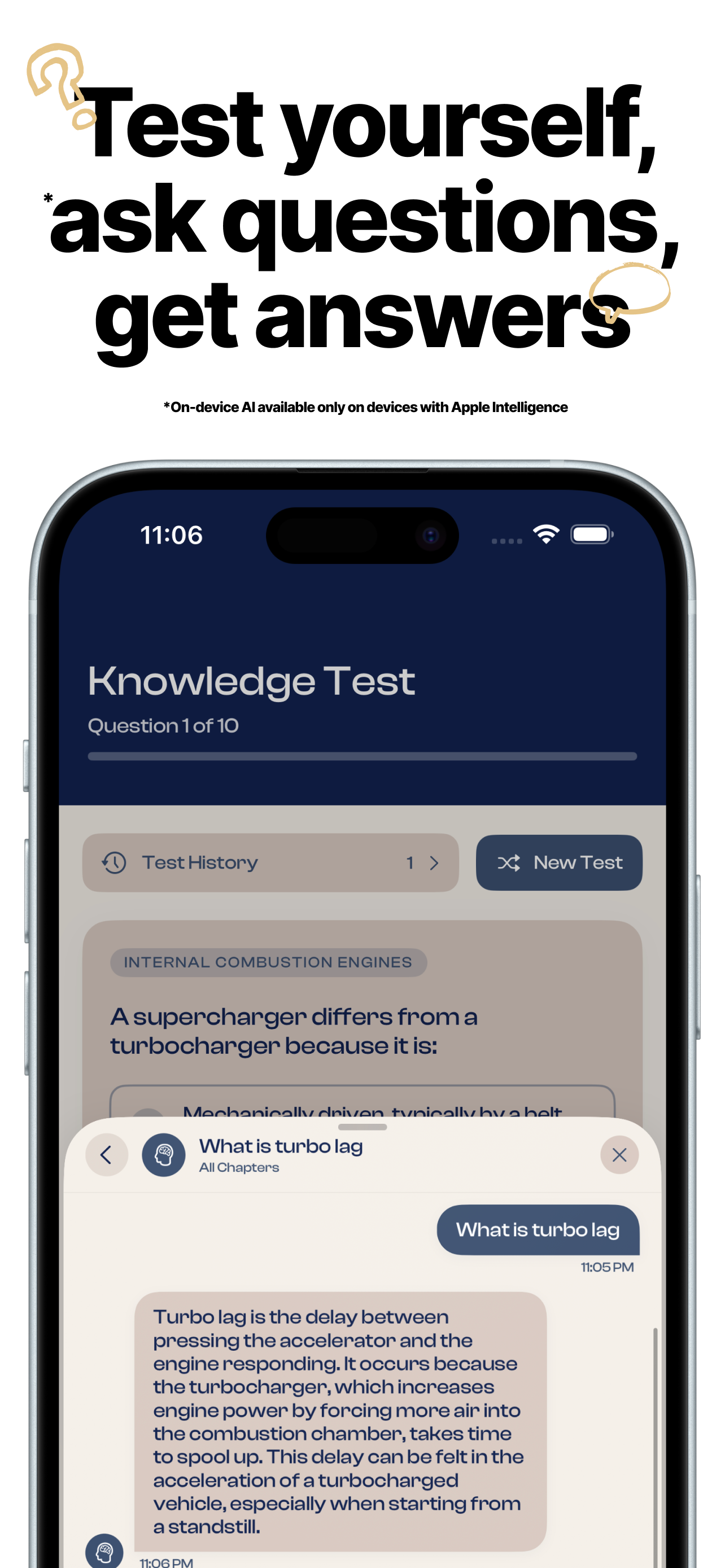 Knowledge test and AI tutor screen